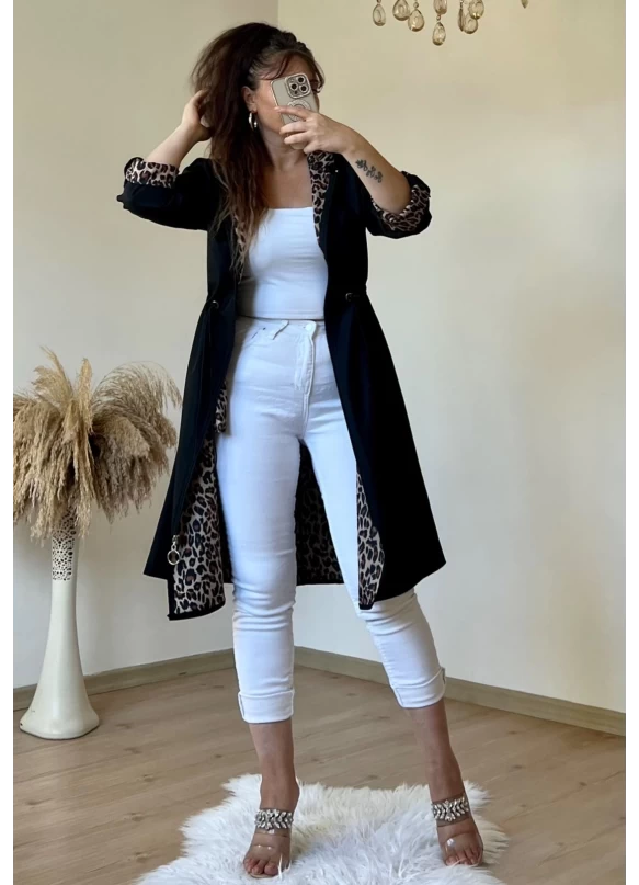 Kapüşonlu Leopar Trençkot Siyah