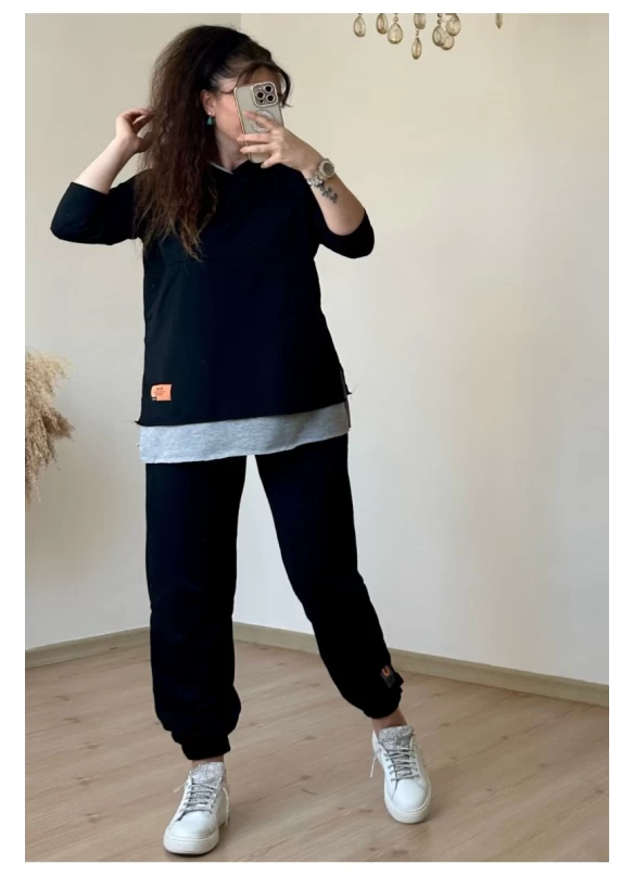 Kapüşonlu Yan Yırtmaçlı Takım Siyah