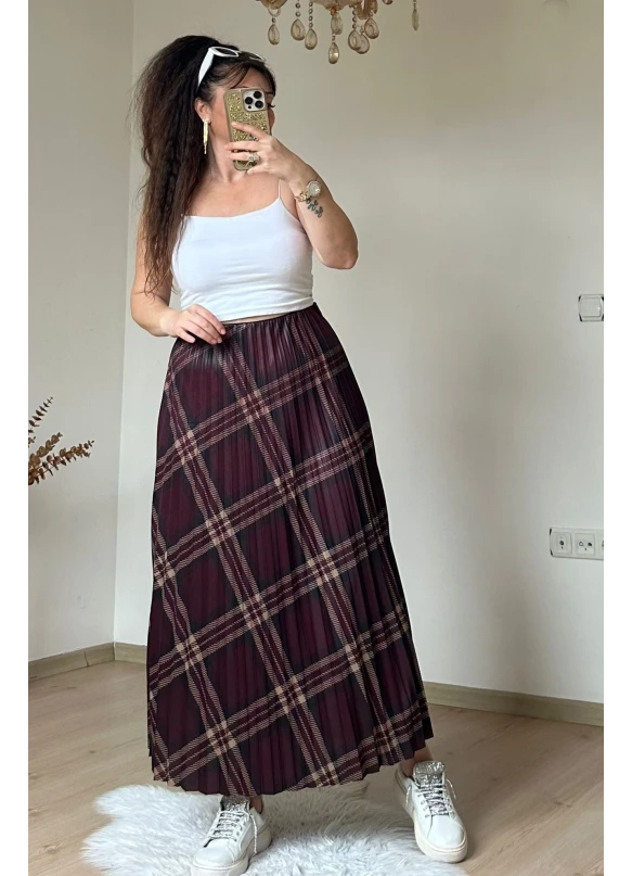 Kare Desen Pileli Bordo Etek