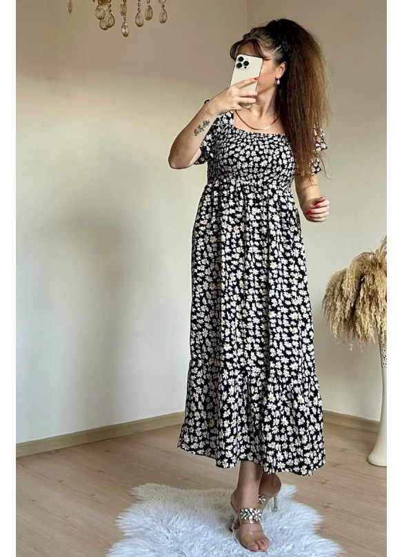 Kare Yaka Papatya Elbise