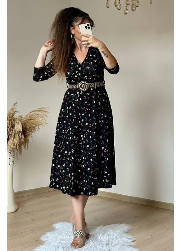 Kemerli Çıtır Çiçekli Krep Elbise Siyah