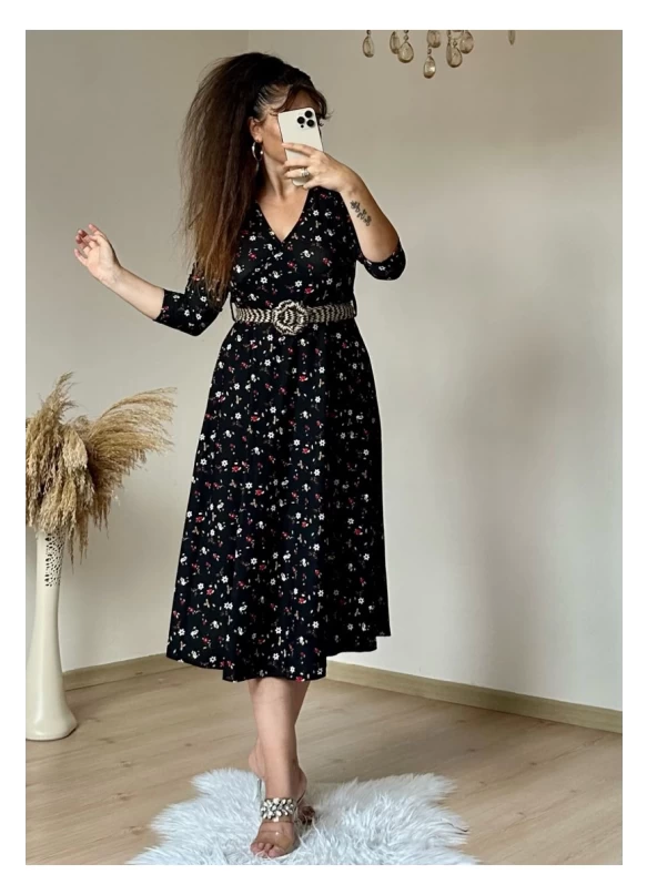 Kemerli Çıtır Çiçekli Krep Elbise Siyah