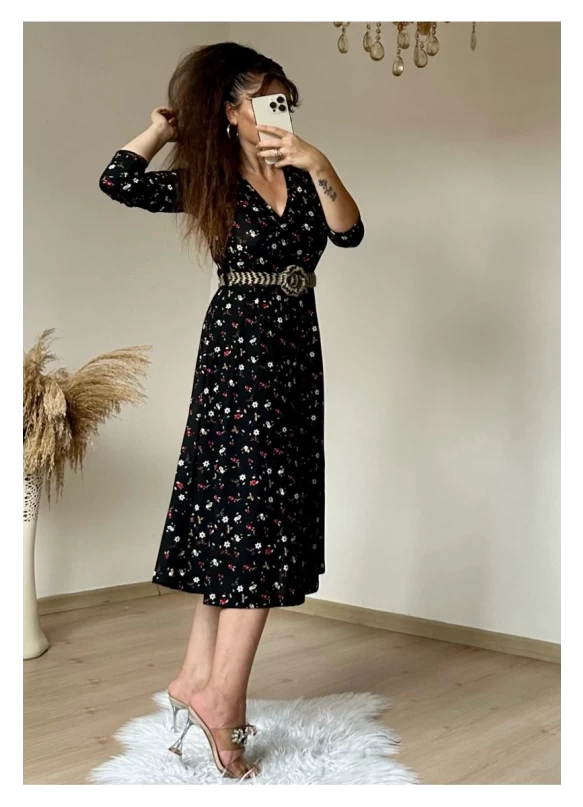 Kemerli Çıtır Çiçekli Krep Elbise Siyah