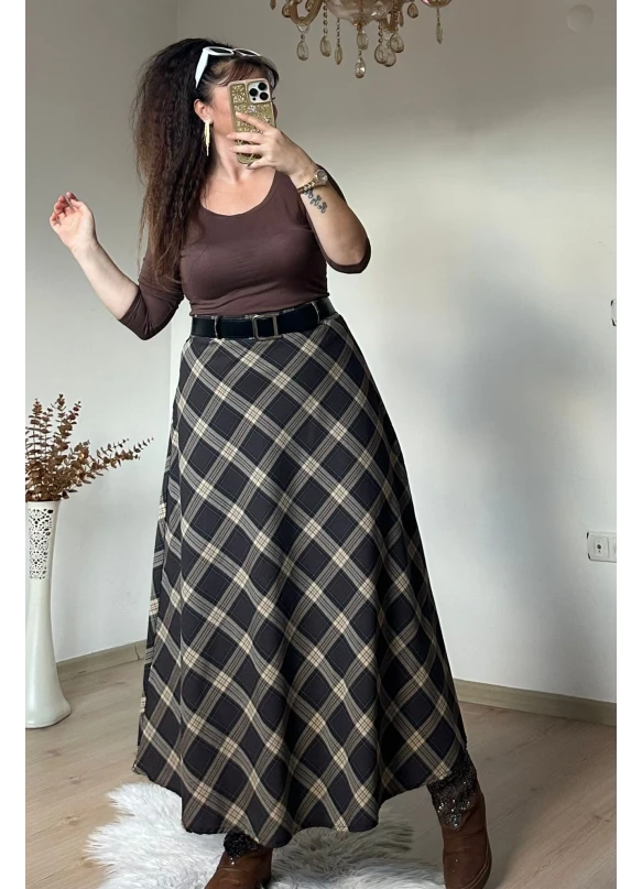 Kemerli Ekose Etek Kahve