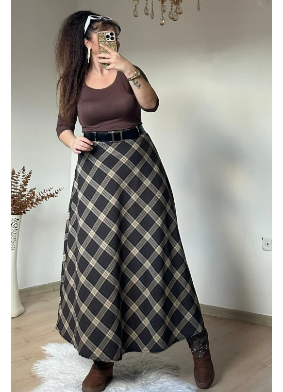 Kemerli Ekose Etek Kahve