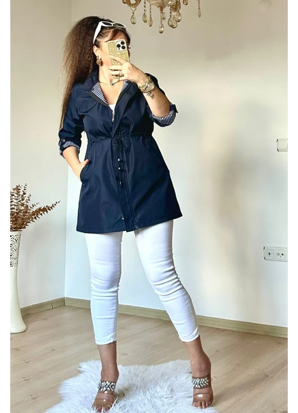 Kısa Çizgili Trençkot Lacivert