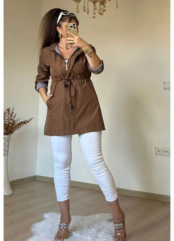 Kısa Çizgili Trençkot Taba