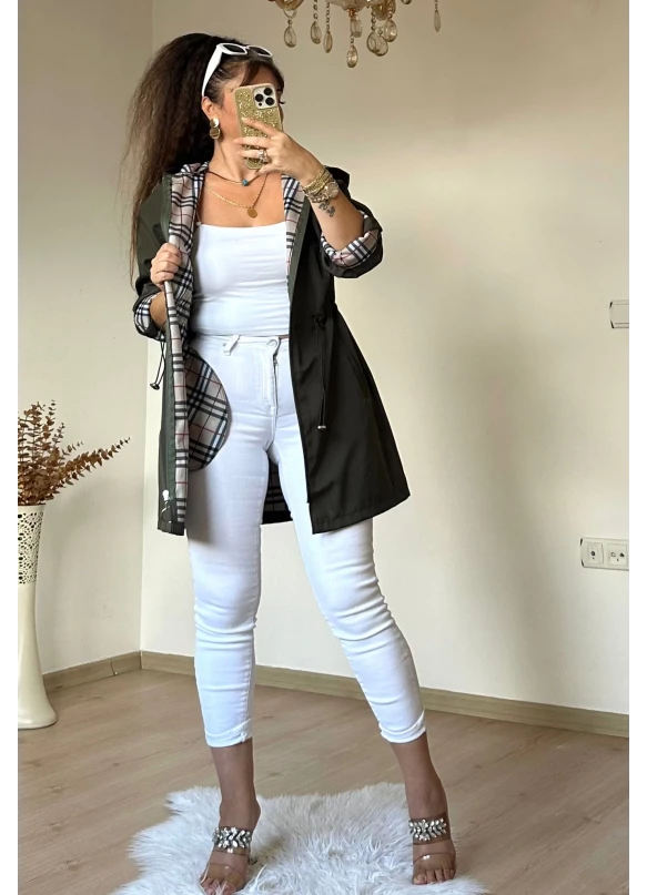 Kısa Kare Desen Trençkot Haki