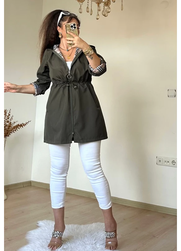 Kısa Kare Desen Trençkot Haki