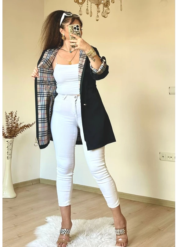 Kısa Kare Desen Trençkot Siyah