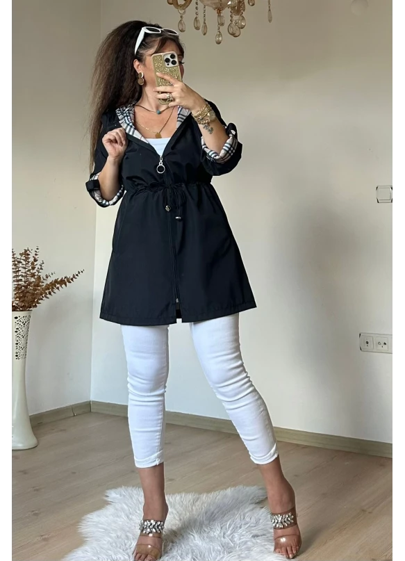 Kısa Kare Desen Trençkot Siyah