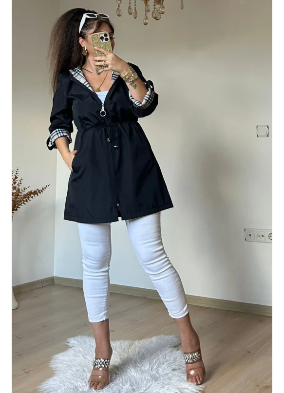 Kısa Kare Desen Trençkot Siyah