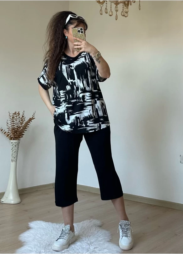 Kısa Kol Beyaz Baskı Desen takım