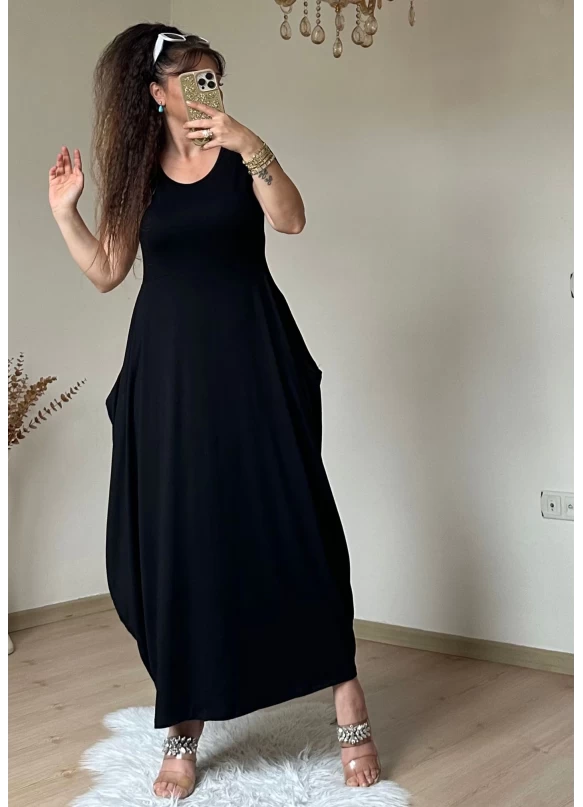 Kısa Kol Cepli Şalvar Elbise Siyah