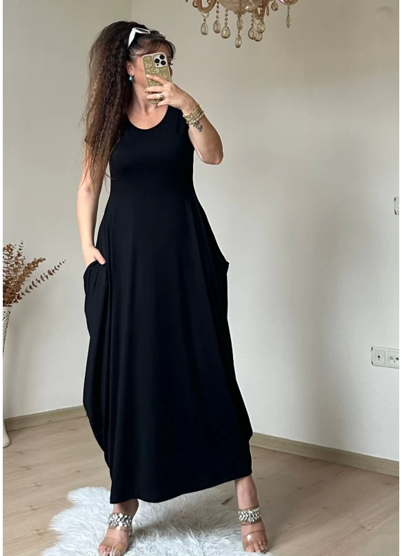 Kısa Kol Cepli Şalvar Elbise Siyah