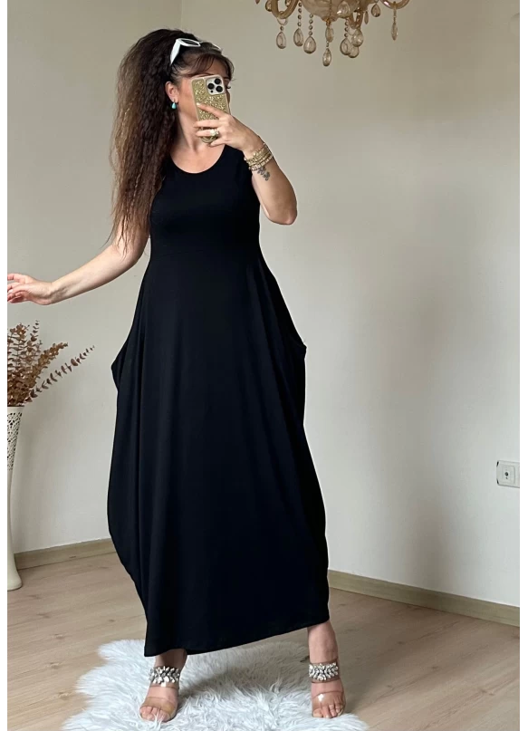 Kısa Kol Cepli Şalvar Elbise Siyah