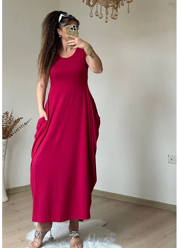 Kısa Kol Cepli Şalvar Elbise Bordo