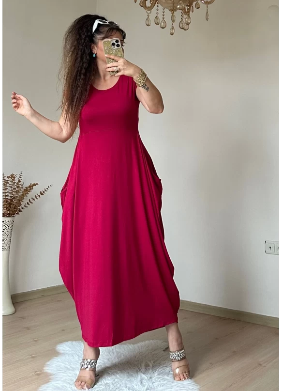 Kısa Kol Cepli Şalvar Elbise Bordo