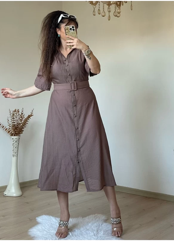 Kısa Kol Midi Boy Gömlek Elbise Kahve