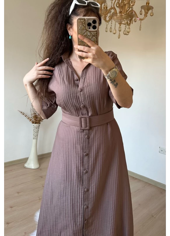 Kısa Kol Midi Boy Gömlek Elbise Kahve