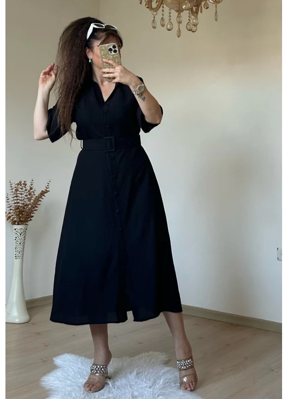 Kısa Kol Midi Boy Gömlek Elbise Siyah