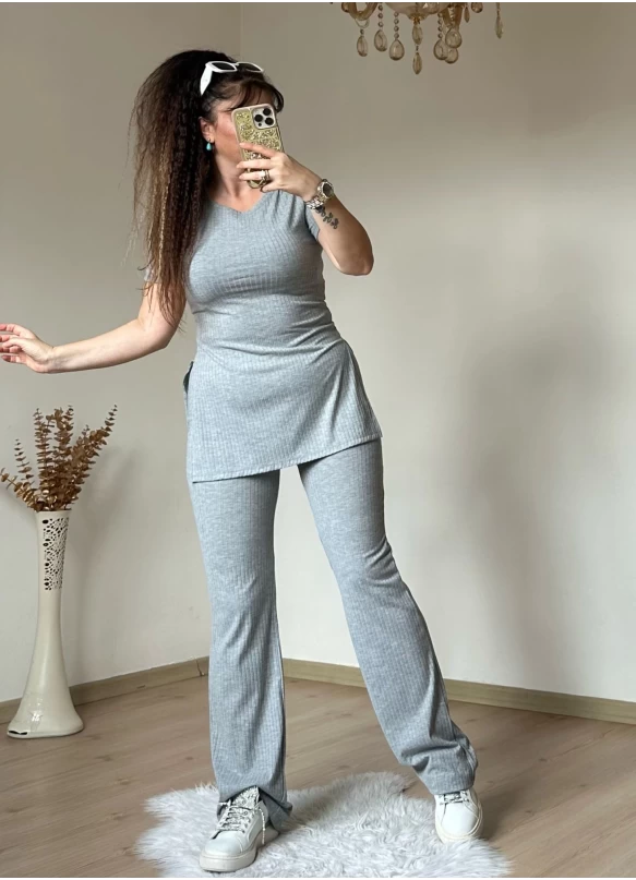 Kısa Kol Yan Yırtmaçlı Kaskorse Takım Gri
