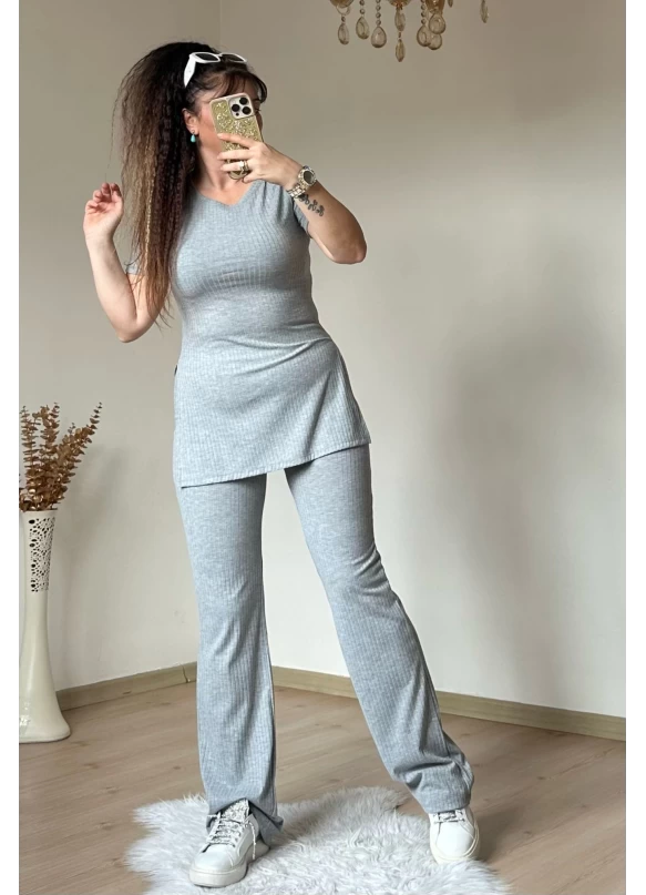 Kısa Kol Yan Yırtmaçlı Kaskorse Takım Gri