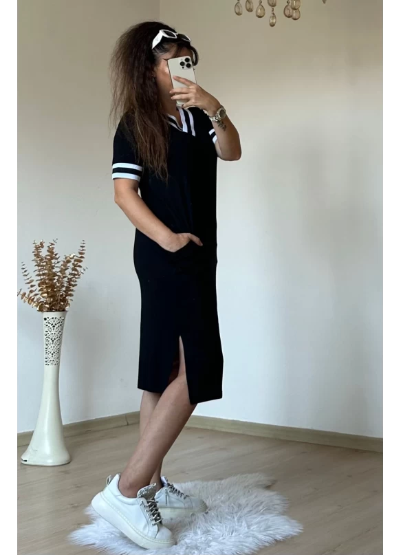 Kısa Kollu V Yaka Ribana Detay Midi Boy Elbise