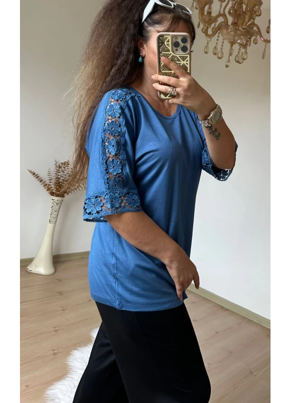 Kolları Dantel Detaylı Takım Mavi