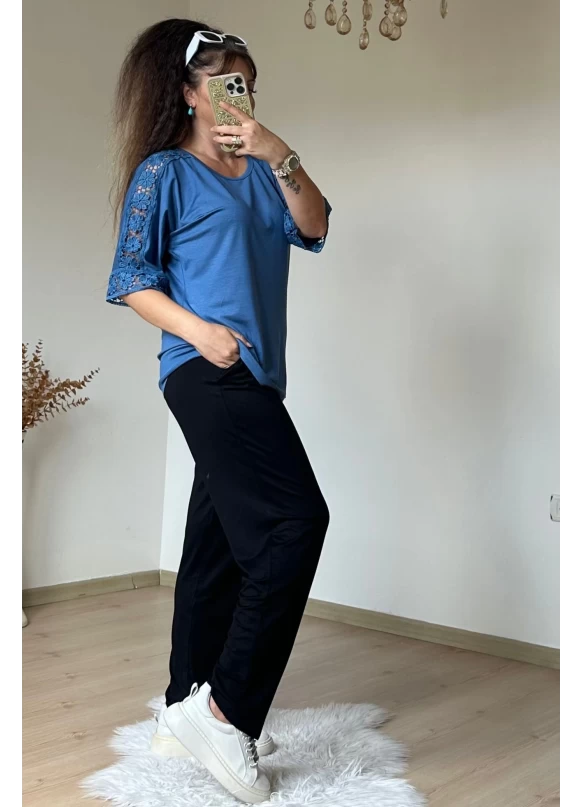 Kolları Dantel Detaylı Takım Mavi