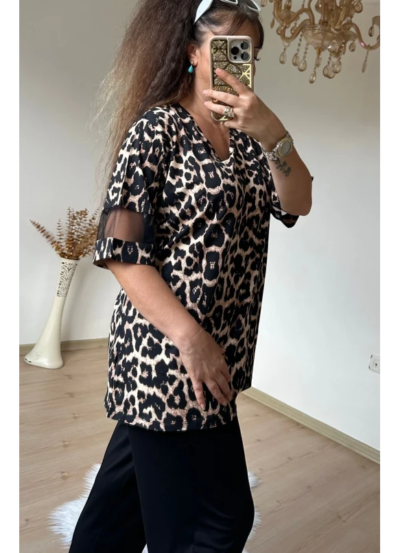 Kolları Tül Detaylı Leopar Takım