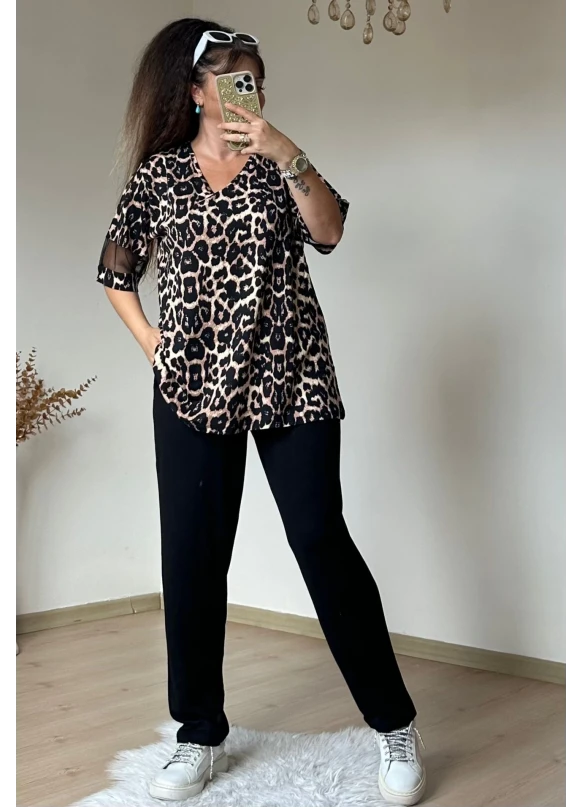 Kolları Tül Detaylı Leopar Takım