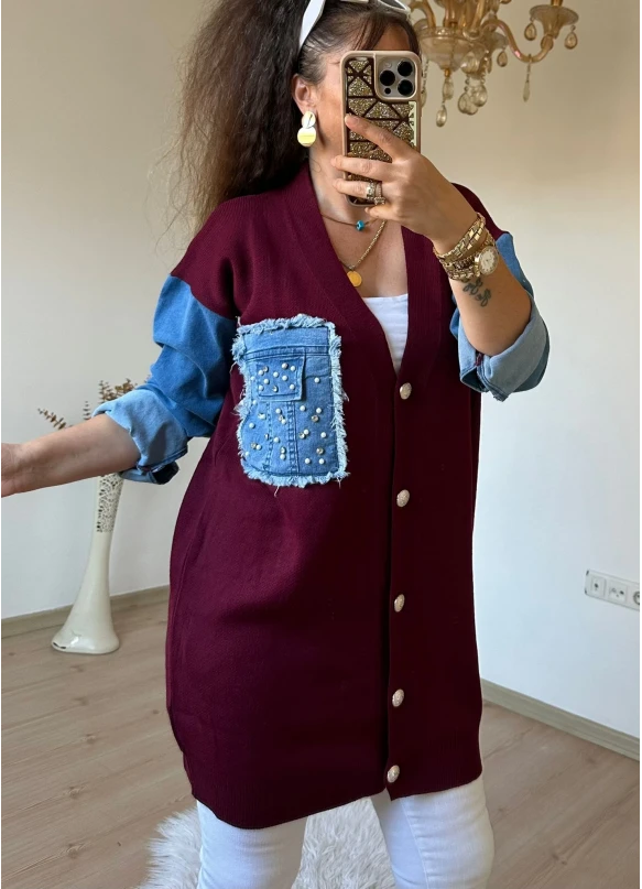 Kot Detaylı Hırka Bordo
