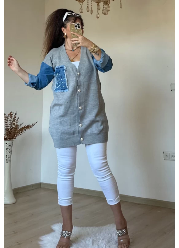 Kot Detaylı Hırka Açık Gri