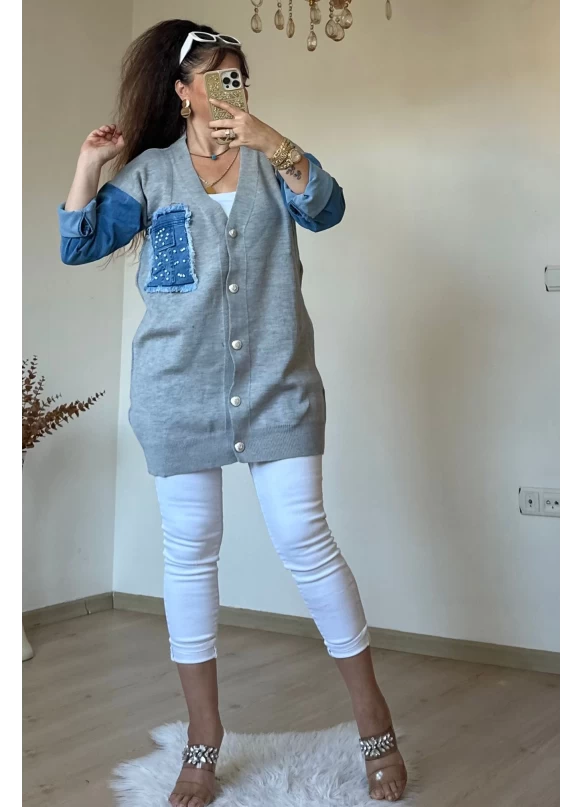 Kot Detaylı Hırka Açık Gri