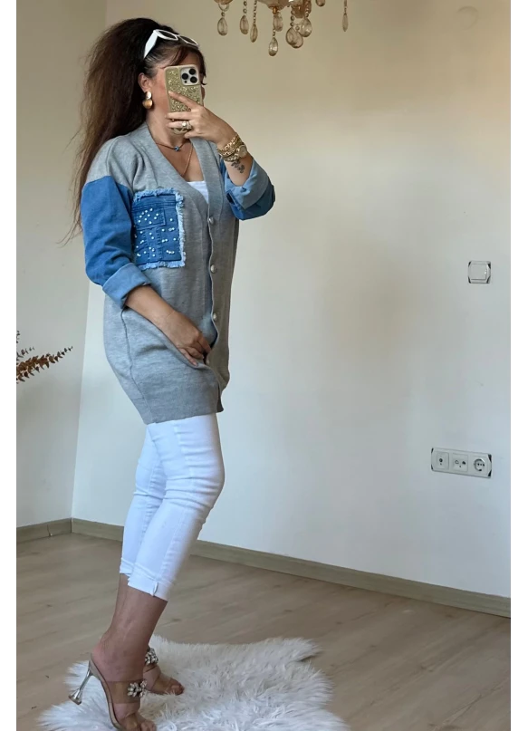 Kot Detaylı Hırka Açık Gri