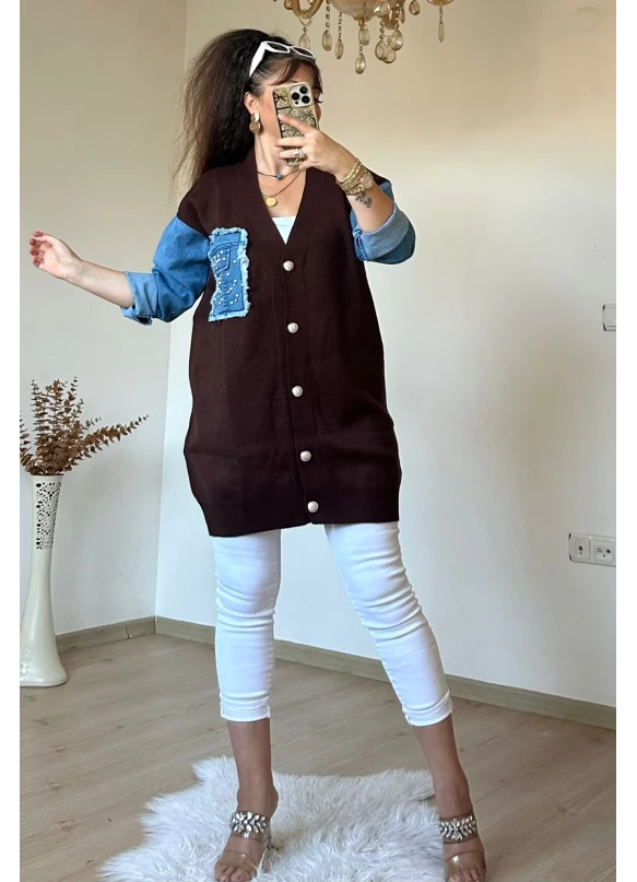 Kot Detaylı Hırka Kahve