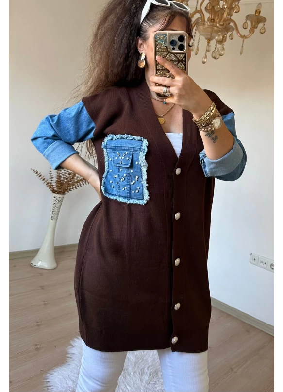 Kot Detaylı Hırka Kahve