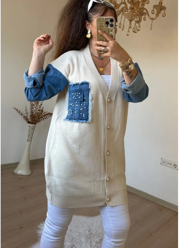 Kot Detaylı Hırka Krem