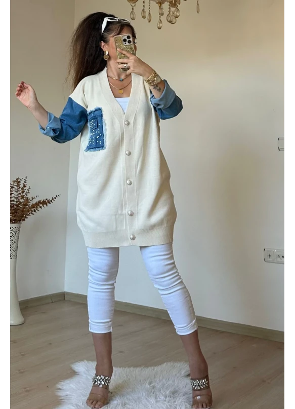 Kot Detaylı Hırka Krem