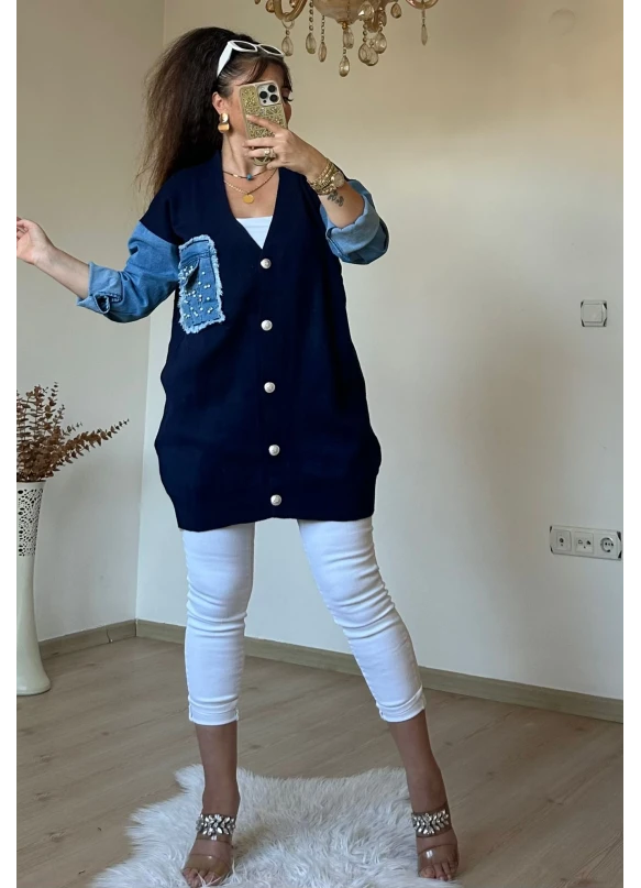 Kot Detaylı Hırka Lacivert