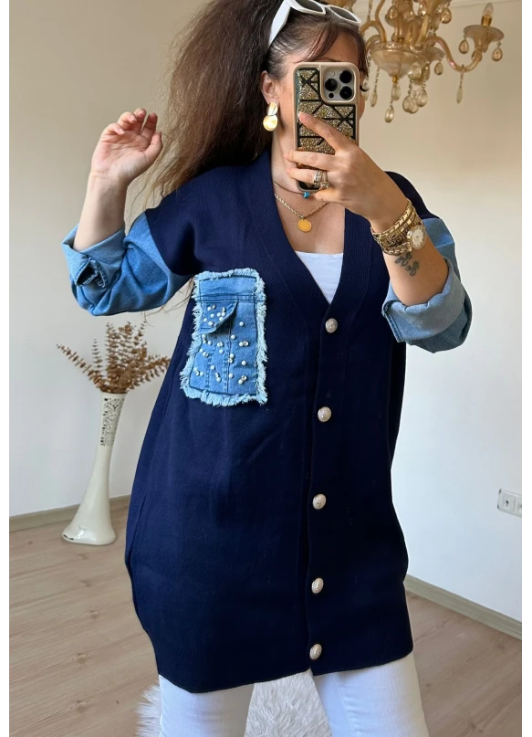 Kot Detaylı Hırka Lacivert