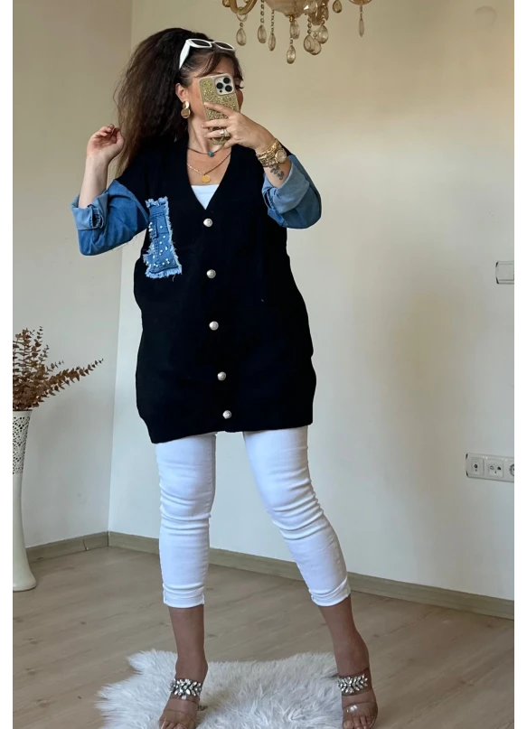 Kot Detaylı Hırka Siyah