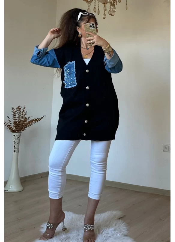 Kot Detaylı Hırka Siyah