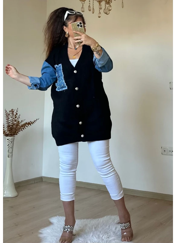 Kot Detaylı Hırka Siyah