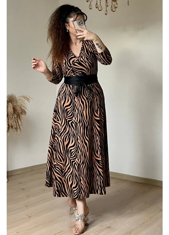 Kruvaze Yaka Uzun Kol Kahve Zebra Süet Elbise