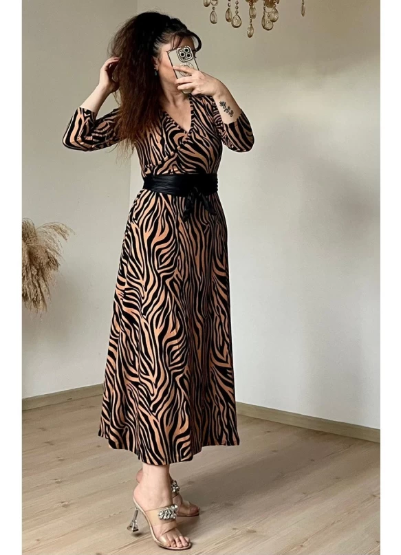 Kruvaze Yaka Uzun Kol Kahve Zebra Süet Elbise