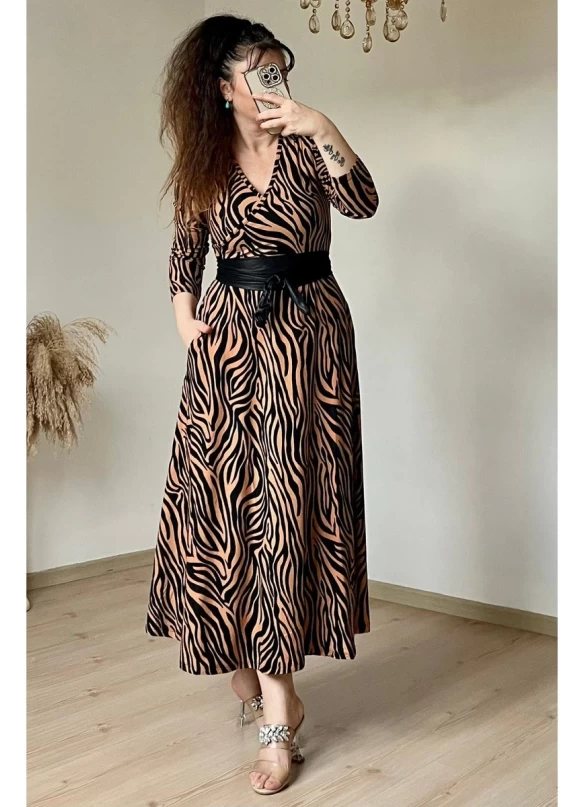 Kruvaze Yaka Uzun Kol Kahve Zebra Süet Elbise