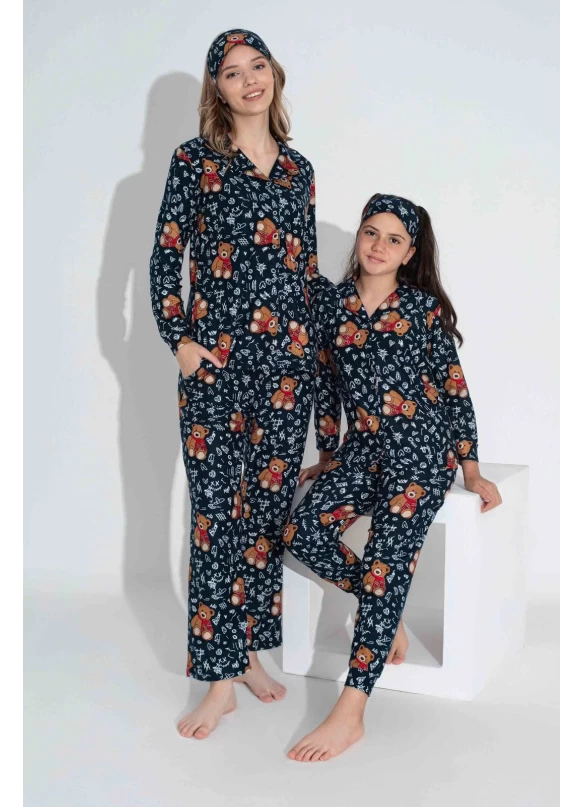 Lacivert Ayıcık Desen Çoçuk Pijama Takımı