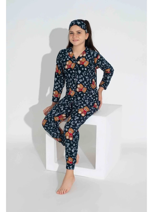 Lacivert Ayıcık Desen Çoçuk Pijama Takımı